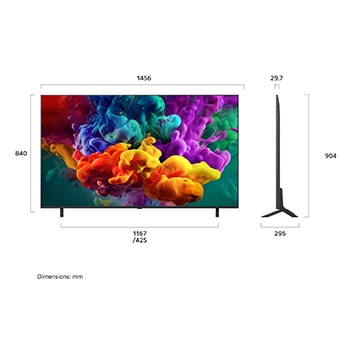 Een LG QNED evo AI QNED85 Mini LED, weergegeven van de voorkant en van de zijkant, heeft een 65 inch scherm dat 1456 mm breed is, 840 mm hoog, 904 mm hoog met standaard, een profieldiepte van 29,7 mm en een afmeting van de voet van de standaard van 1167/425 bij 295 mm.